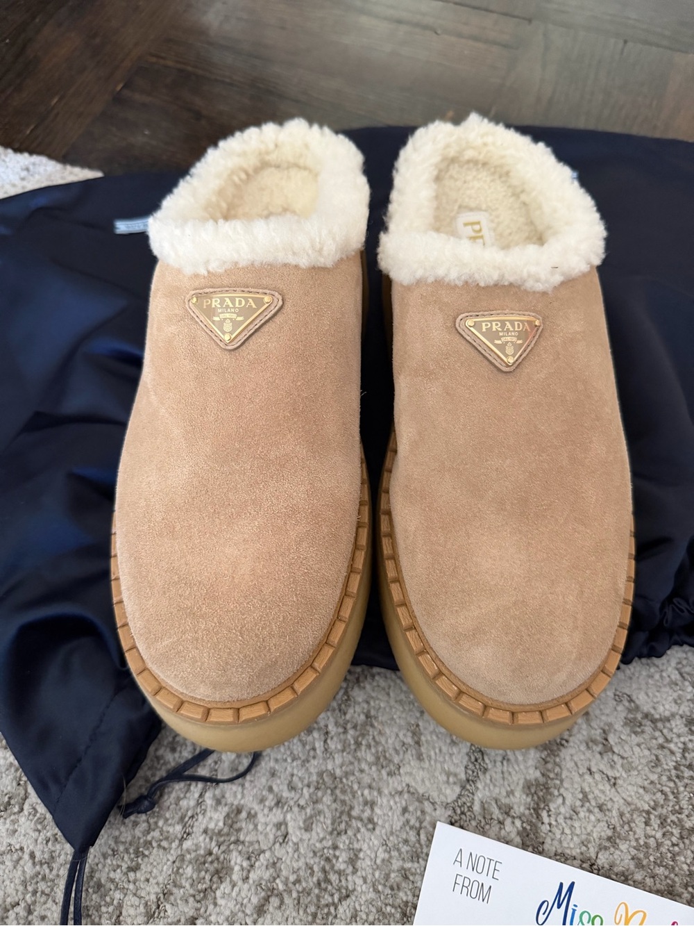 Prada Womens Tan Suede Shearling-Lined Slip-On Loafers NWOT